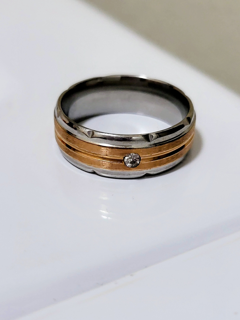 Two-Tone Men's Band Ring with Center Stone - Silver & Gold
